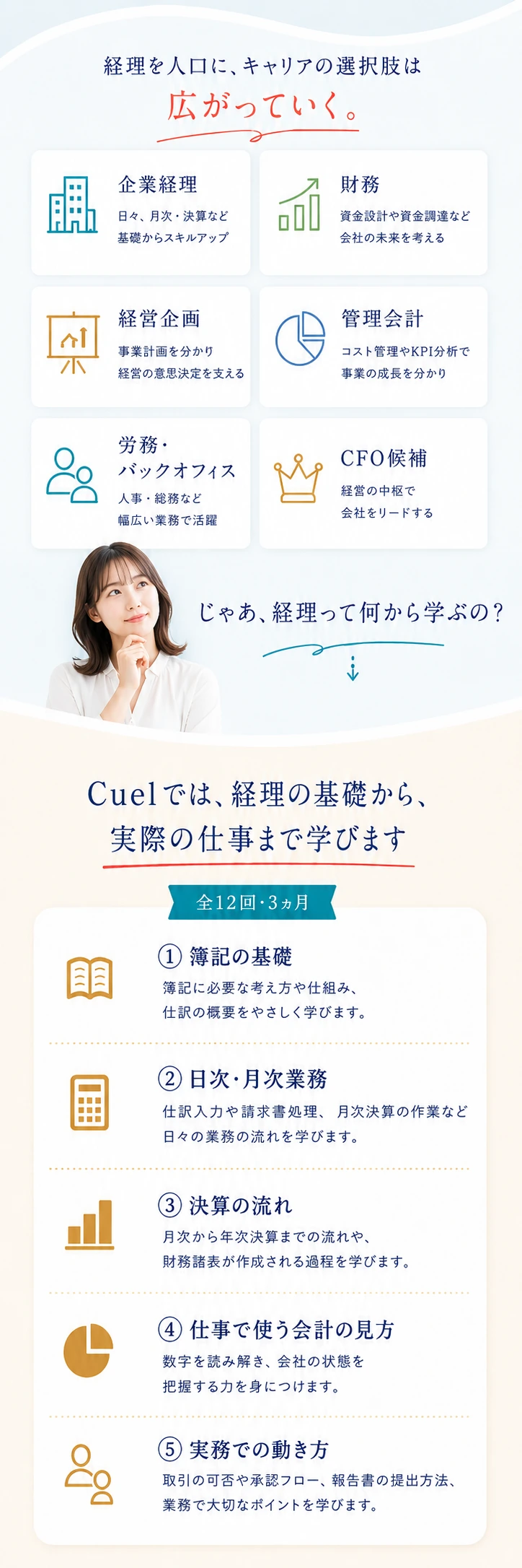 経理を入口に広がるキャリアと、経理の基礎から実際の仕事まで学べるCuelの紹介