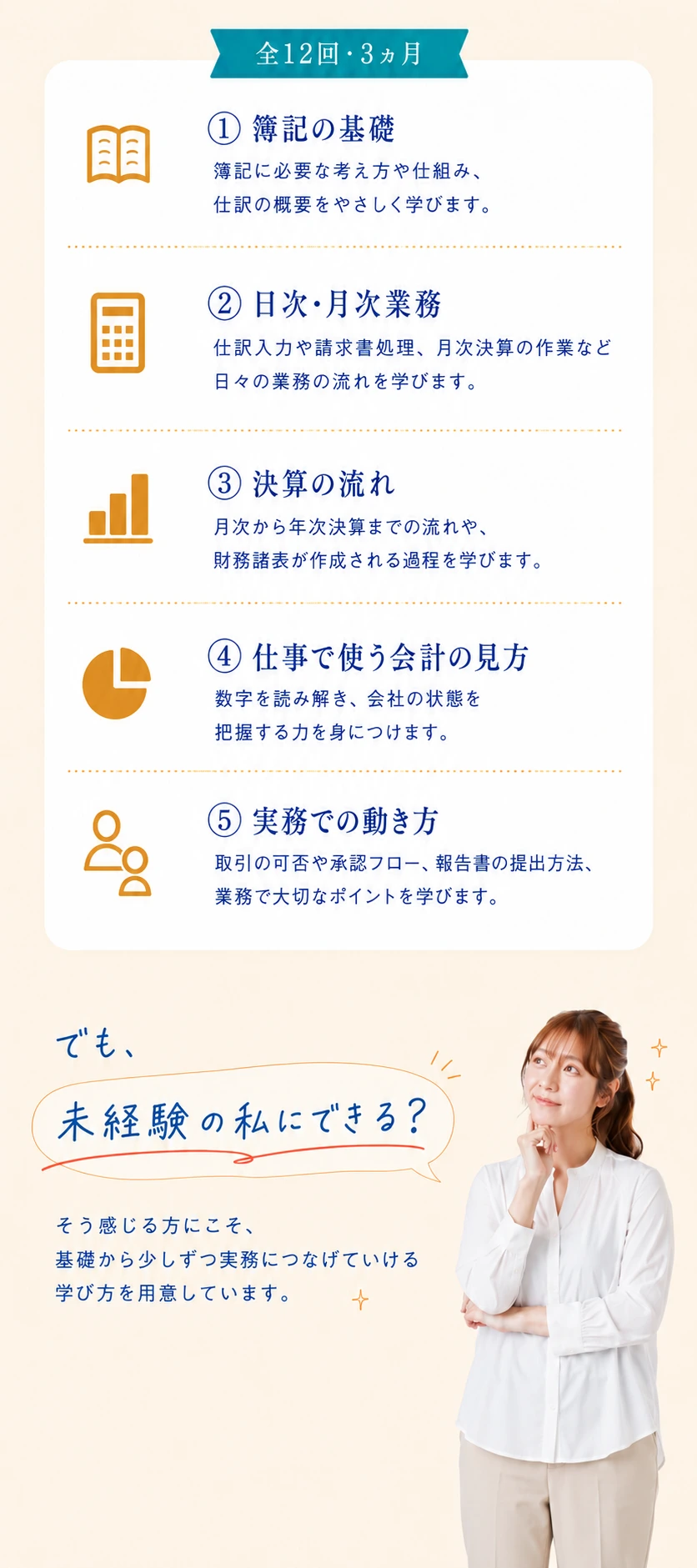 全12回・3ヶ月で学ぶ簿記の基礎、日次・月次業務、決算、会計の見方、実務での動き方。未経験から少しずつ実務につなげる学び方