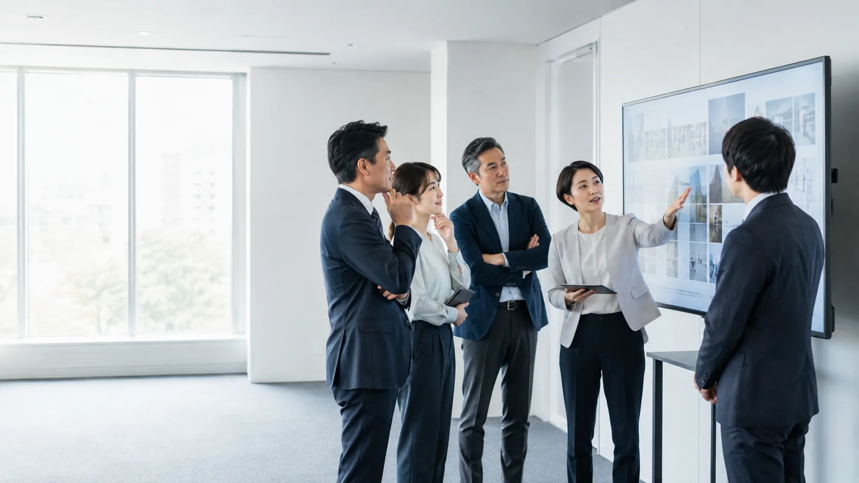 会議室でモニターを見ながら話し合う担当者たち